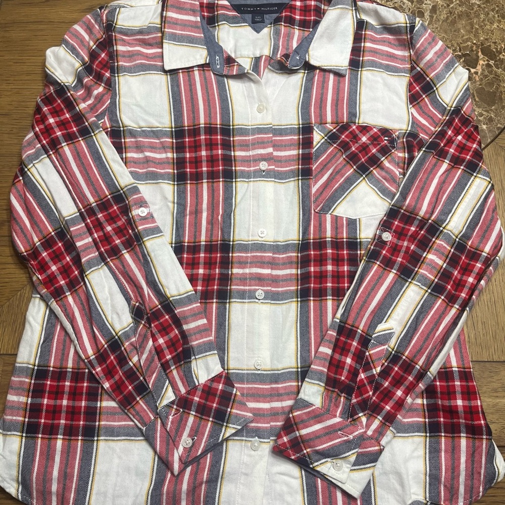 Tommy Hilfiger Red and White Plaid Button-Up Shirt Large Women’s